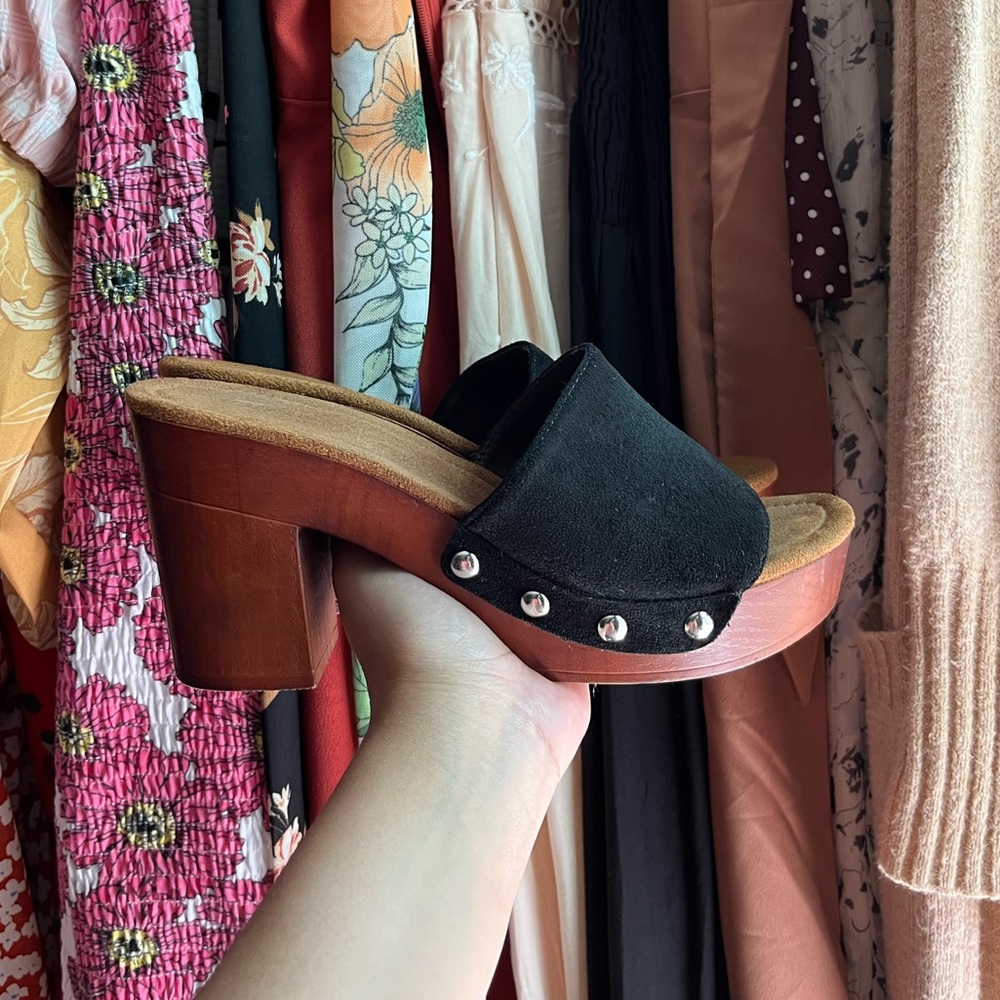 Forever 21 Black Faux Suede Wooden Clog Heels